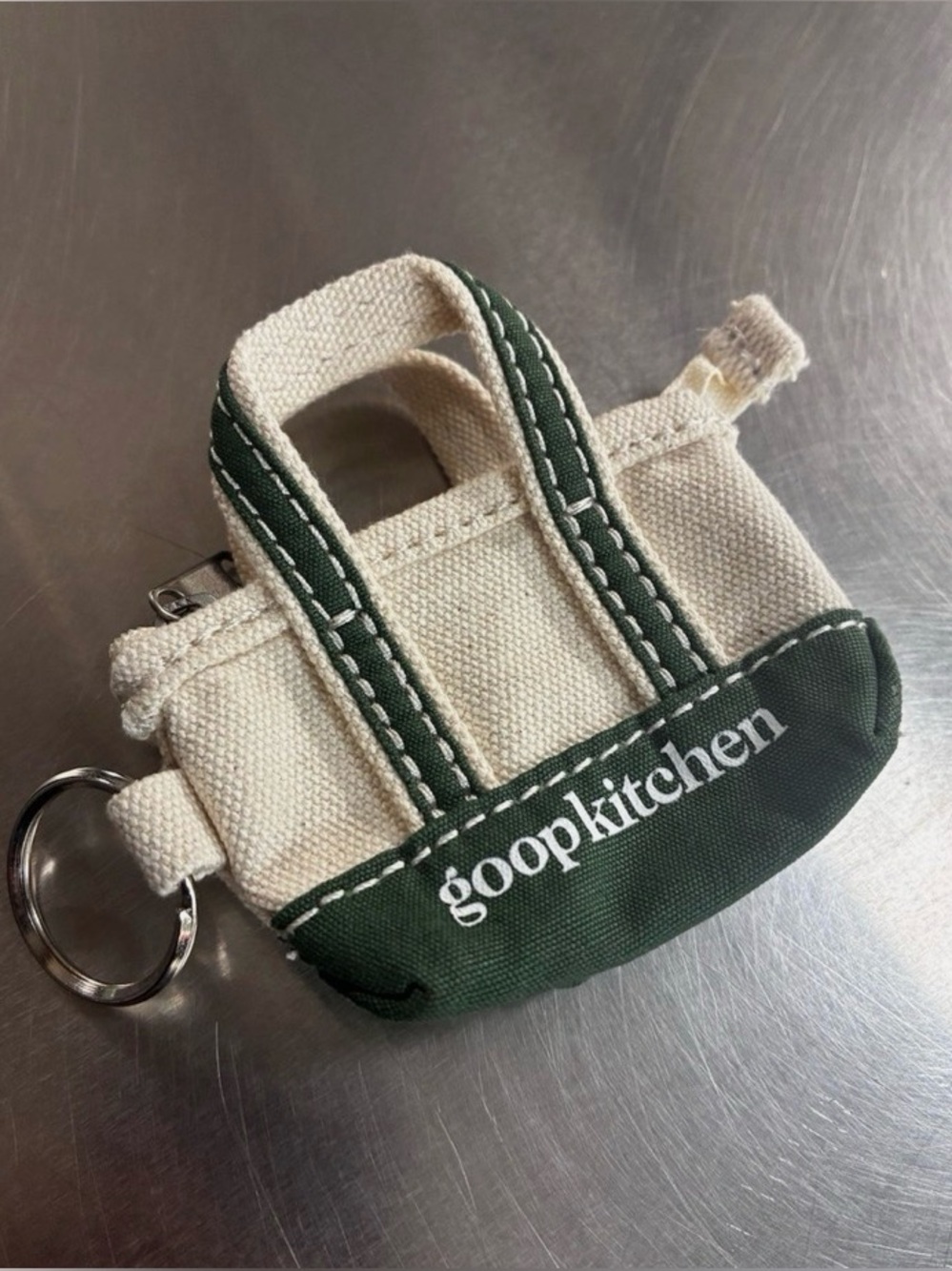 L.L.Bean x goop kitchen limited edition Small Canvas Tote Keychain. Cream/green